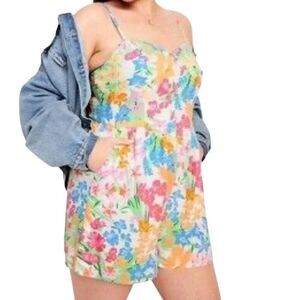 Old Navy Romper Women's Medium Floral Tropical Cami Smocked Linen Blend
